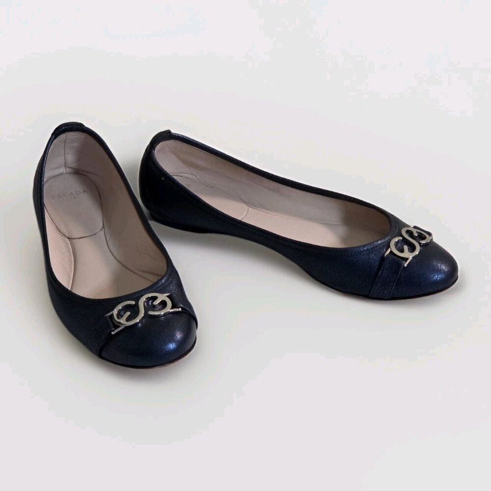 Escada Sport Ballet Flats Women EU 40 US 9 Navy Pebbled Leather Designer Elegant